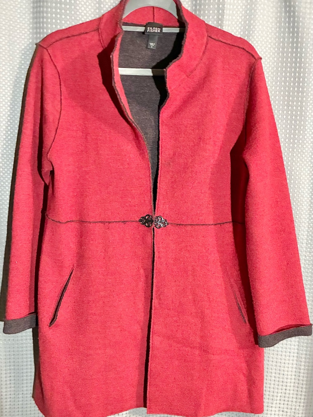 Eileen Fisher Open Front Wool-Blend Coat Sz S Brown Red Frog Close Pockets Light